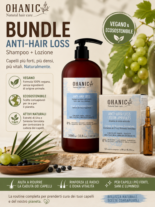 BUNDLE Ohanic Natural Hair Care Anti-Hair Loss Treatment Vials 12x10ml + Ohanic Anti-Hair Loss - Shampoo Anticaduta dei Capelli 1000ml