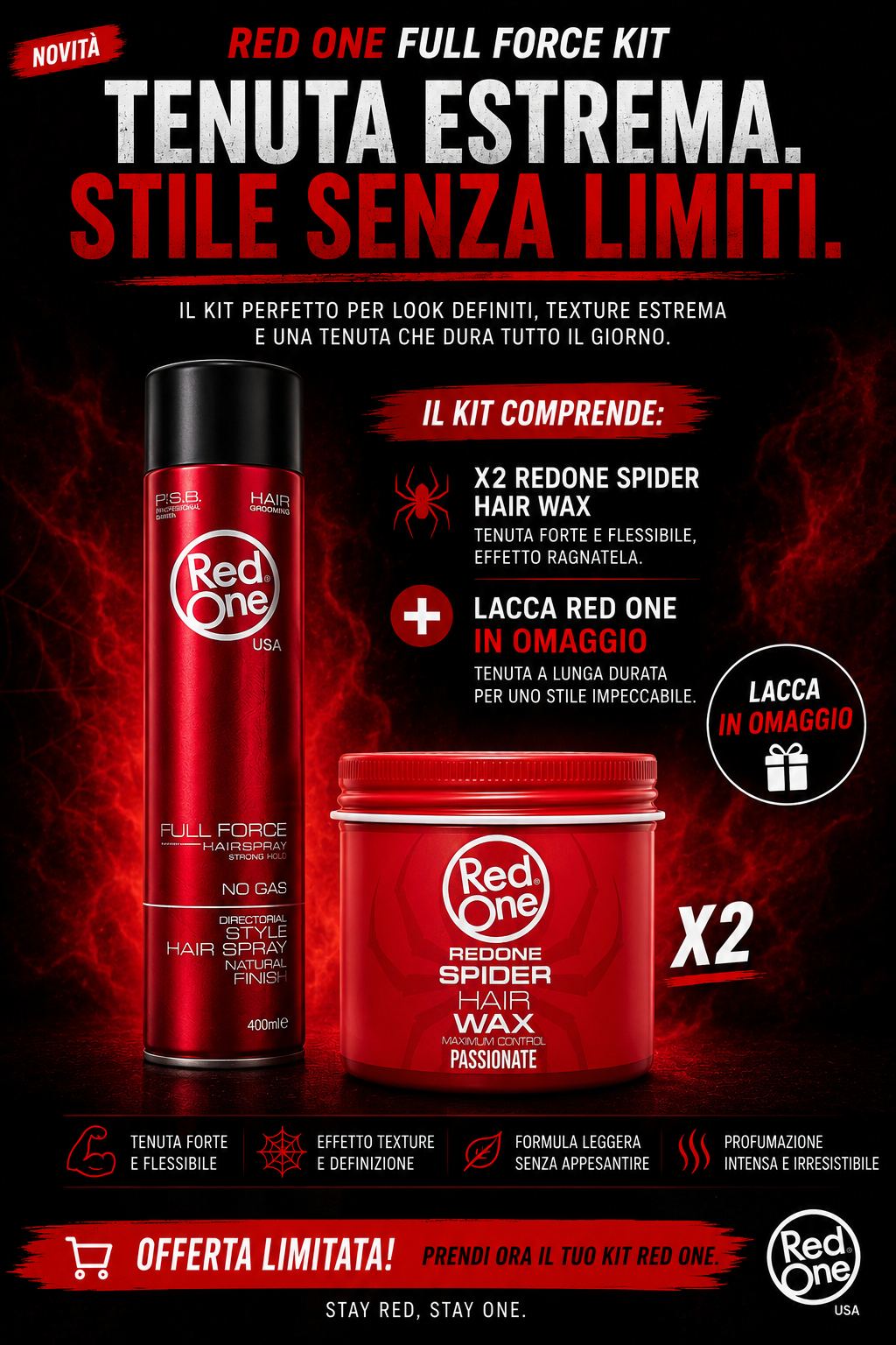 RED ONE FULL FORCE KIT x2 spider hair wax + Lacca Full Force Passion IN OMAGGIO