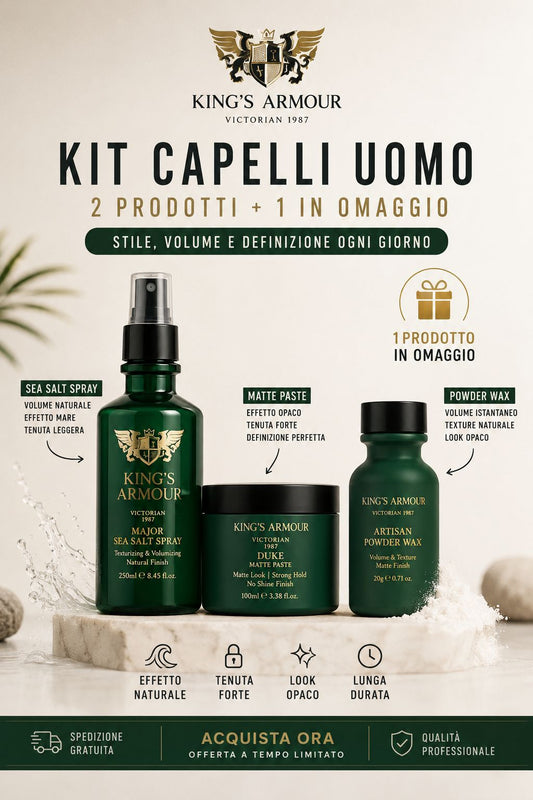 🔥 KIT CAPELLI UOMO 2+1 GRATIS – Spray Volume + Cera Opaca + Cera In Polvere
